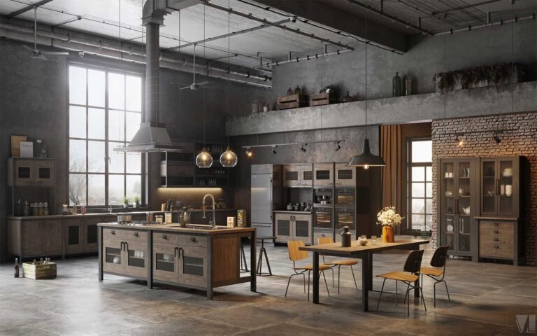 loft-industriel-en-3D-avec-cuisine-noir-et-bois