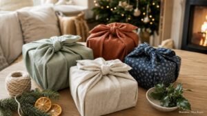 Cadeaux de Noël emballés en furoshiki dans des carrés de tissu en lin et coton noués, posés sur une table en chêne avec des branches de sapin